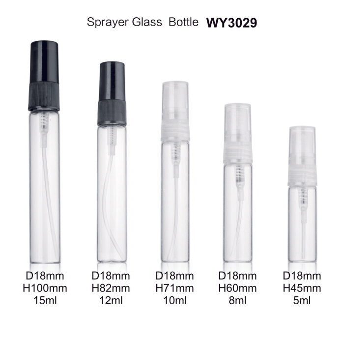 5ml 8ml 10ml 12ml 15ml Clear Tube Glass Bottle with White Or Black Plastic Sprayer for Perfume Vials