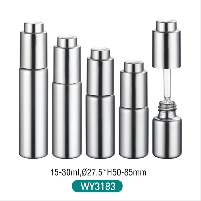 15ml 20ml 25ml 30ml 35ml Silver Round Shape Tube Glass Bottle with Silver Pump Dropper for Cosmetic Packaging And Serum Bottle