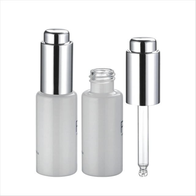 8ml 10ml 15ml 20ml 25ml 30ml 35ml 40ml White Round Glass Bottle with Shiny Silver Pump Dropper for Serum