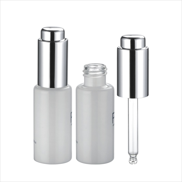8ml 10ml 15ml 20ml 25ml 30ml 35ml 40ml White Round Glass Bottle with Shiny Silver Pump Dropper for Serum
